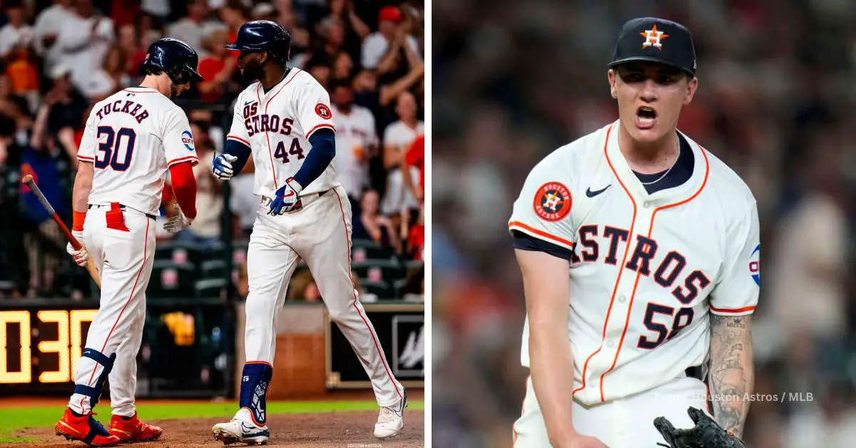 Kyle Tucker, Yordan Alvarez y Hunter Brown con Houston Astros