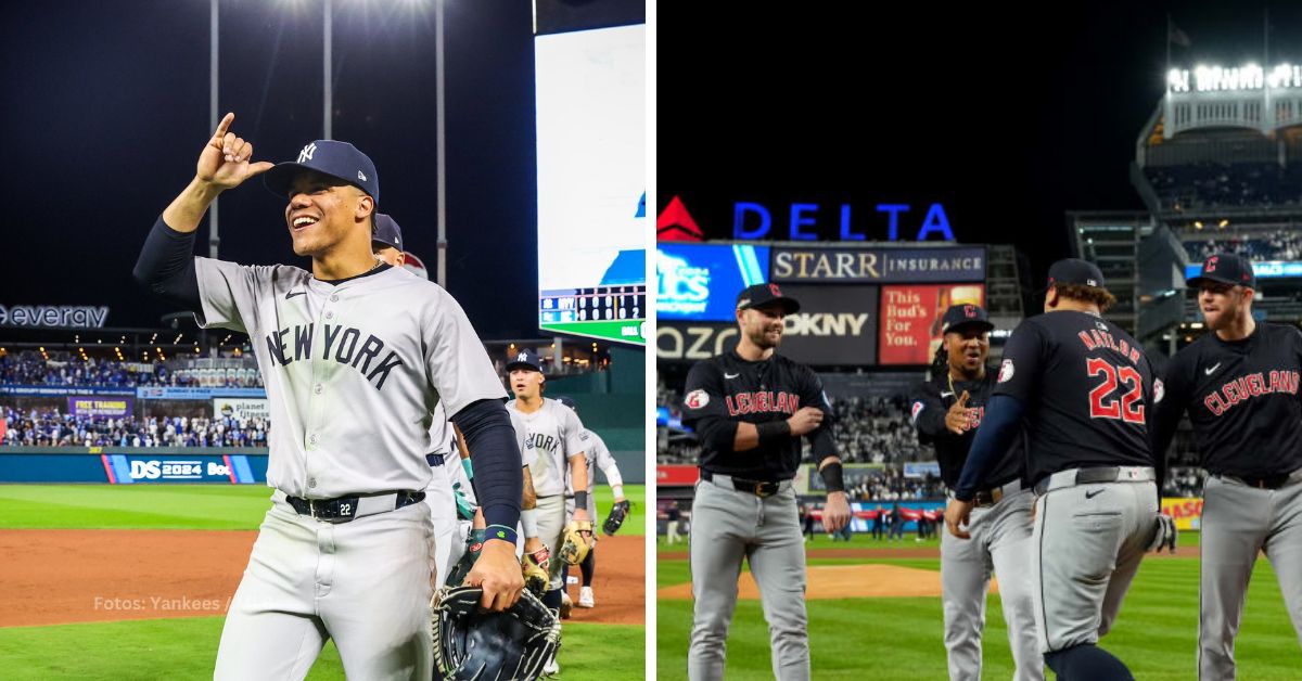 Juan Soto junto a sus compañeros en New York Yankees y el equipo de Cleveland Guardians