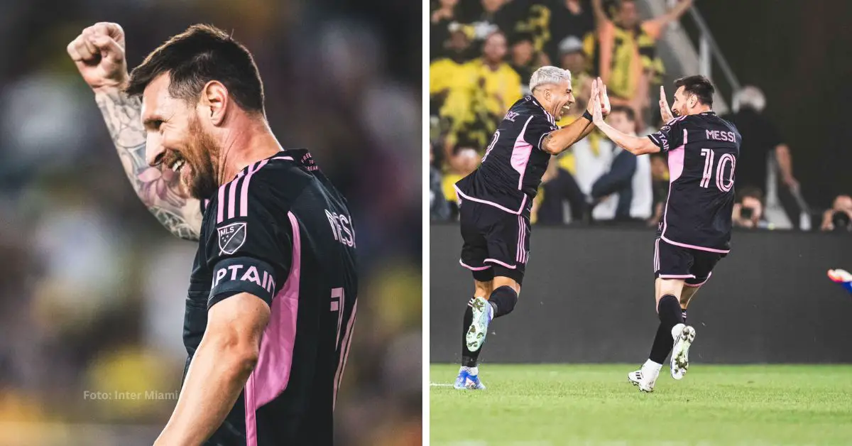 Lionel Messi celebrando con Luis Suarez tras marcar gol con Inter Miami