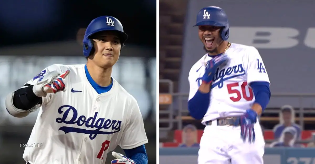 Shohei Ohtani con el uniforme de Los Angeles Dodgers señalando hacia sus compañeros y Mookie Betts sonriendo luego de un batazo