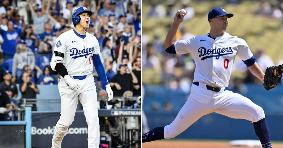 Shohei Ohtani gritando y Jack Flaherty lanzando con Los Angeles Dodgers