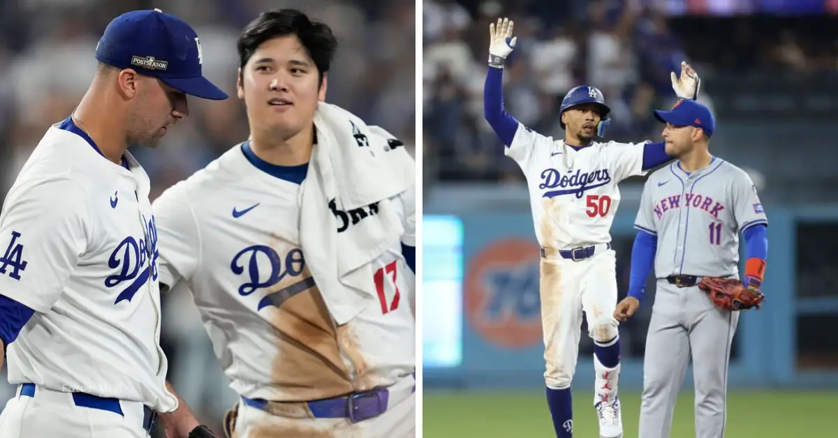 Jack Flaherty felicitado por Shohei Ohtani y Mookie Betts celebrando tras doble