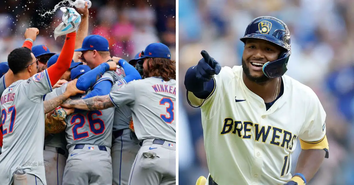 New York Mets celebrando una victoria en Grandes Ligas y Jackson Chourio sonriendo