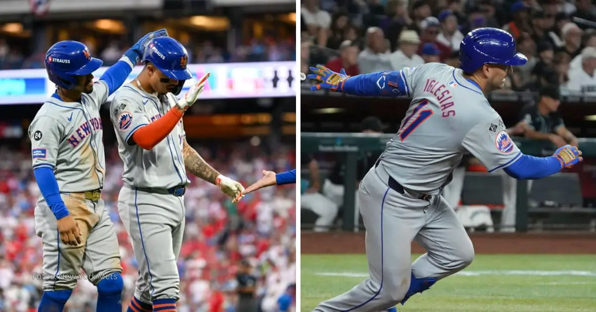 Francisco Lindor junto a un compañeros en postemporada y Jose Iglesias haciendo swing con New York Mets