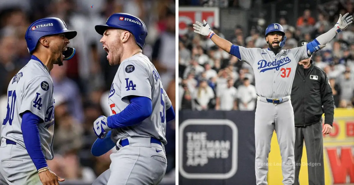 Mookie Betts, Freddie Freeman y Teoscar Hernández celebrando con Los Angeles Dodgers