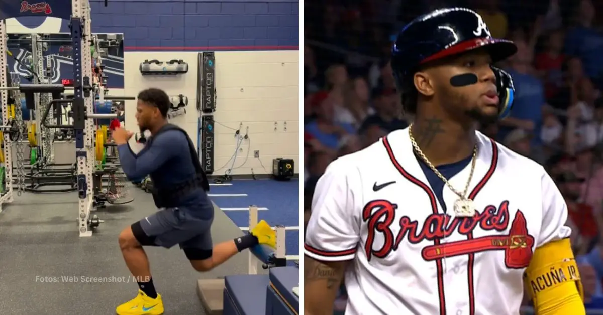 Ronald Acuña Jr. haciendo ejercicios de rehabilitación y en un juego con Atlanta Braves