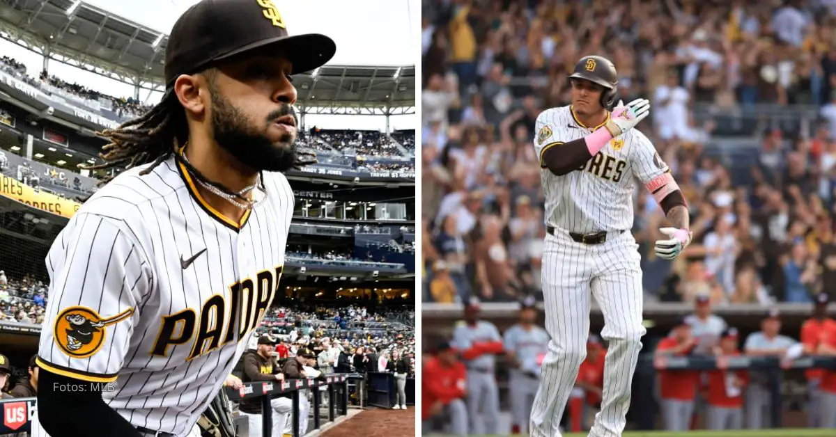 Fernando Tatis Jr entrando al terreno y Manny Machado tocando su pecho con el uniforme de San Diego Padres