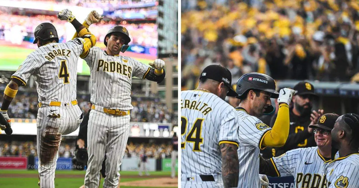 Luis Arraez y Kyle Higashioka celebrando con San Diego Padres