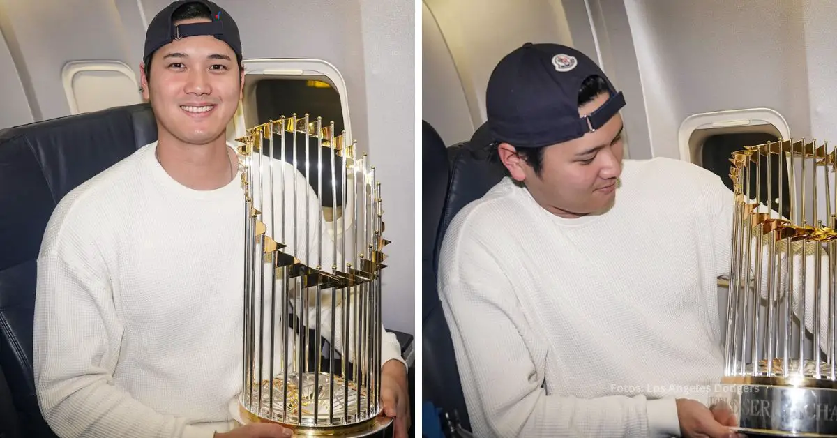 Shohei Ohtani con el trofeo de Serie Mundial