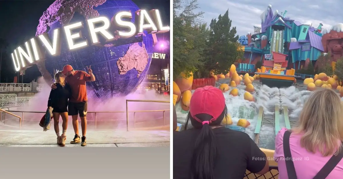 Yariel Rodríguez besándose con su esposa en el parque temático de Universal Studios