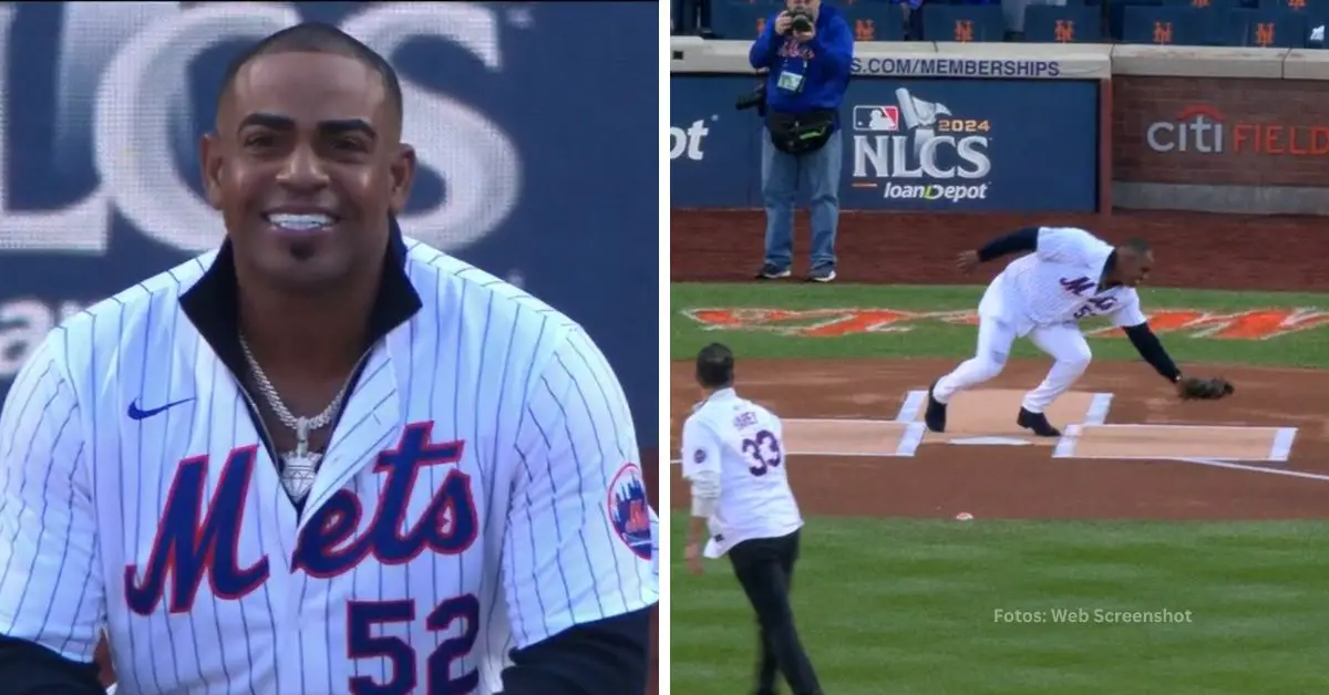 Yoenis Céspedes recibiendo el lanzamiento ceremonial el Juego 5 NLCS