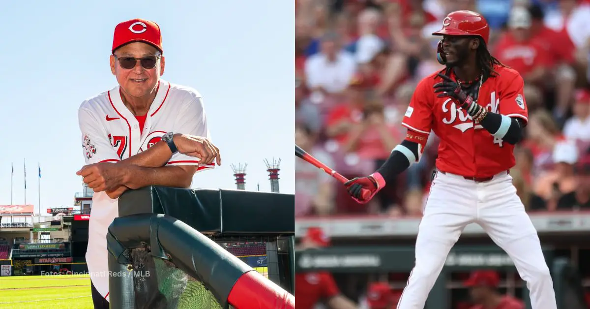 Terry Francona y Elly De La Cruz con el uniforme de Cincinnati Reds