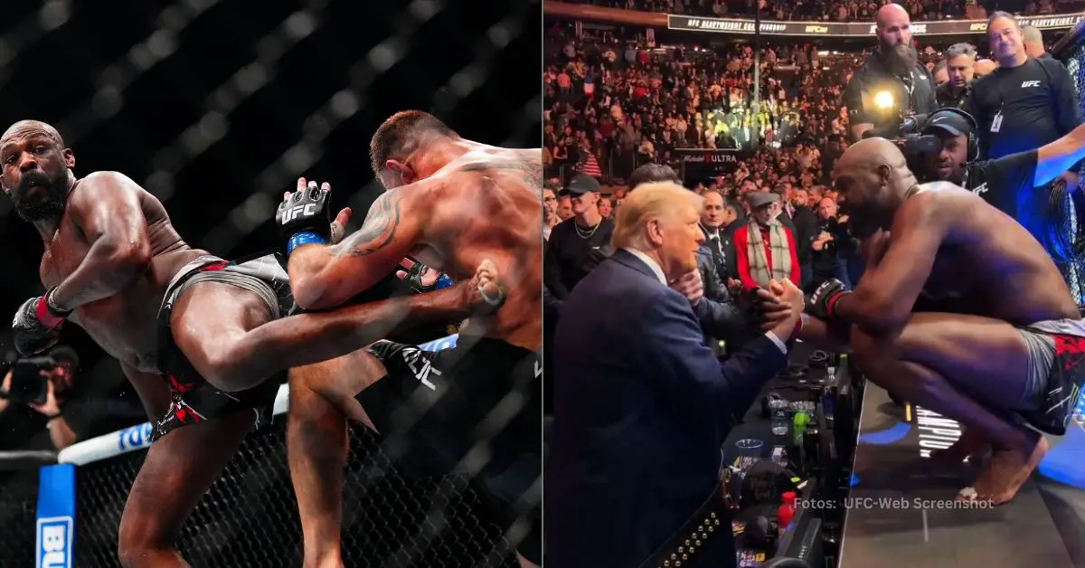 Jon Jones saludando a Donald Trump tras la victoria