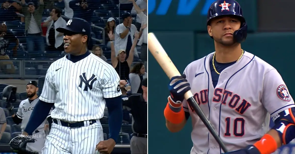 Aroldis Chapman sonriendo tras ponche y Yuli Gurriel tomando turno