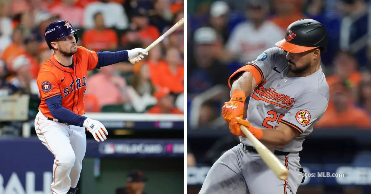 Alex Bregman a la izquierda, haciendo swing con uniforme de Houston astros, Anthony Santander a la derecha, con baltimore orioles