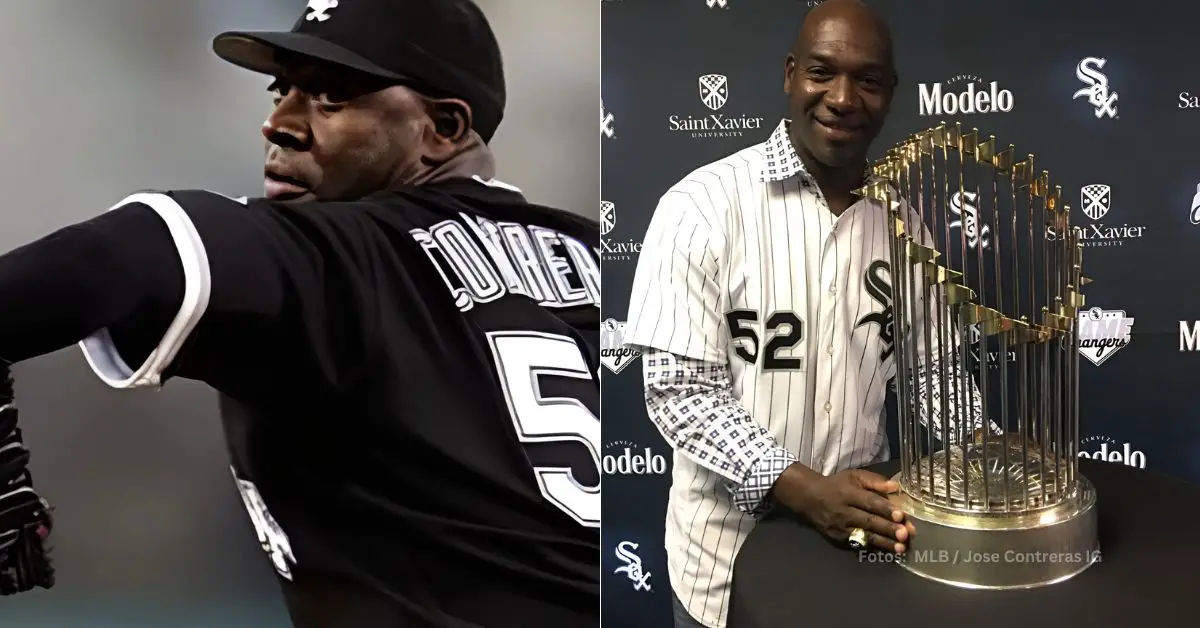 José Ariel Contreras lanzando con Chicago White Sox y el trofeo de Serie Mundial