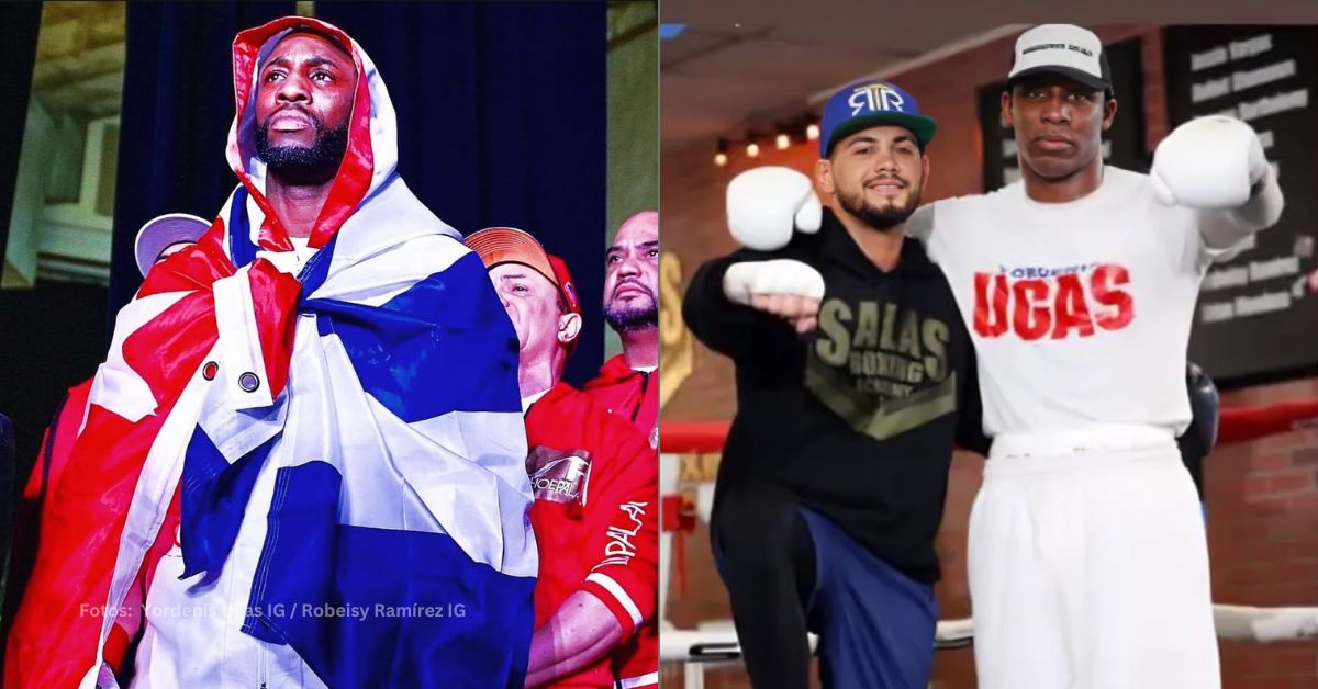 Yordenis Ugas con la bandera de Cuba y con Robeisy Ramírez