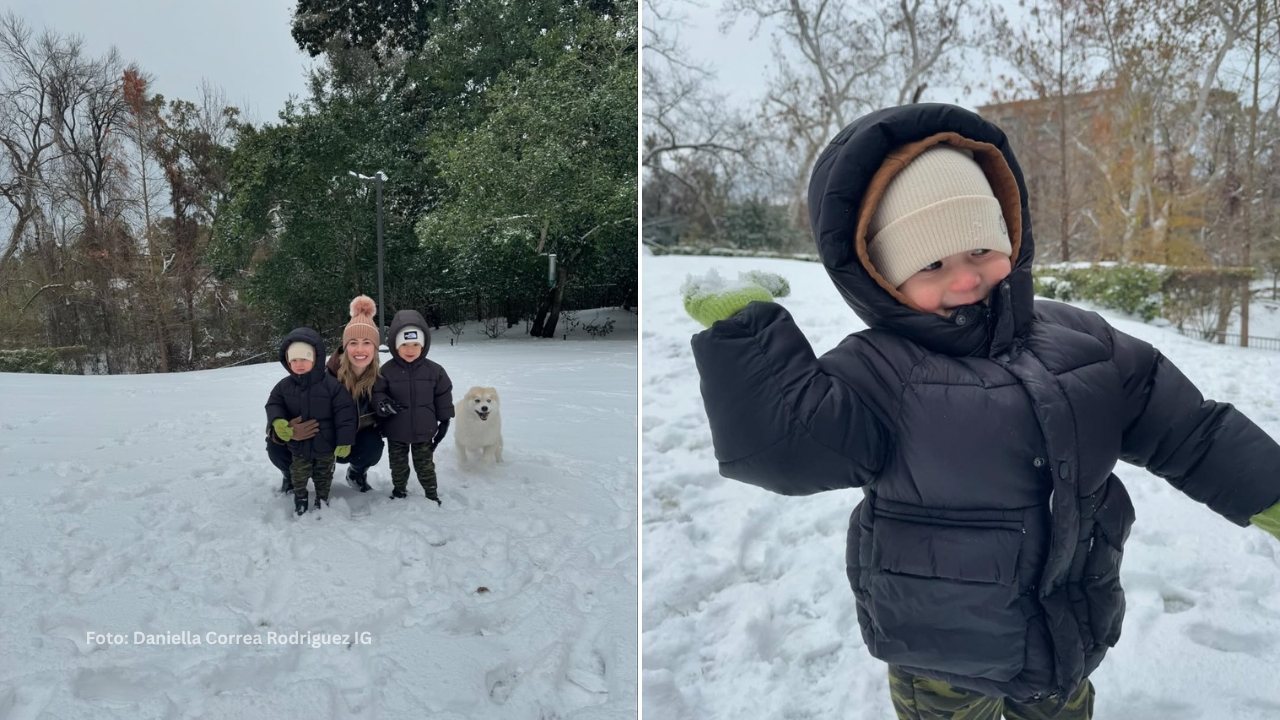 La esposa de Carlos Correa con sus hijos en la nieve