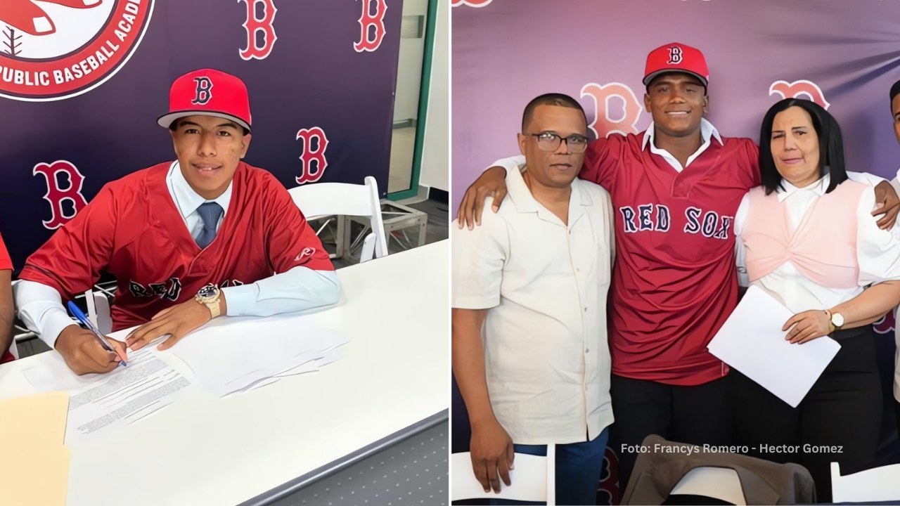 Eliezer Alfonzo y Christopher Cordero en su presentación con Boston Red Sox