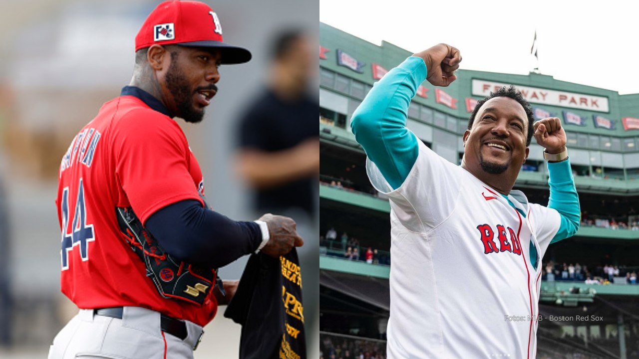 Aroldis Chapman y Pedro Martínez con uniforme de Boston Red Sox