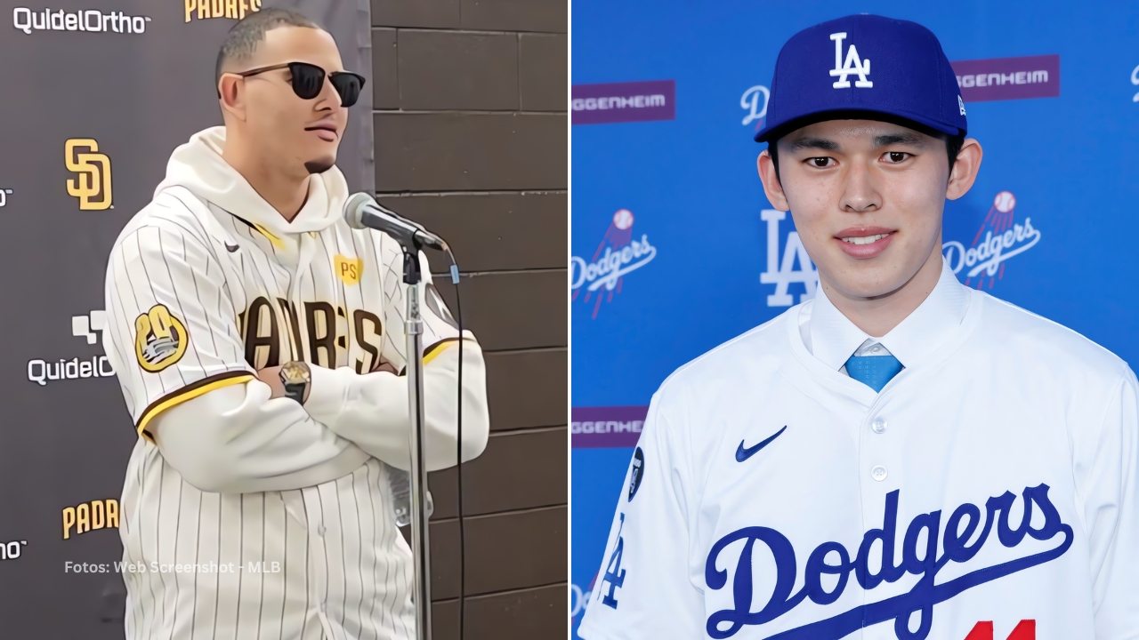 Manny Machado dando declaraciones y Roki Sasaki en su presentación con Los Angeles Dodgers