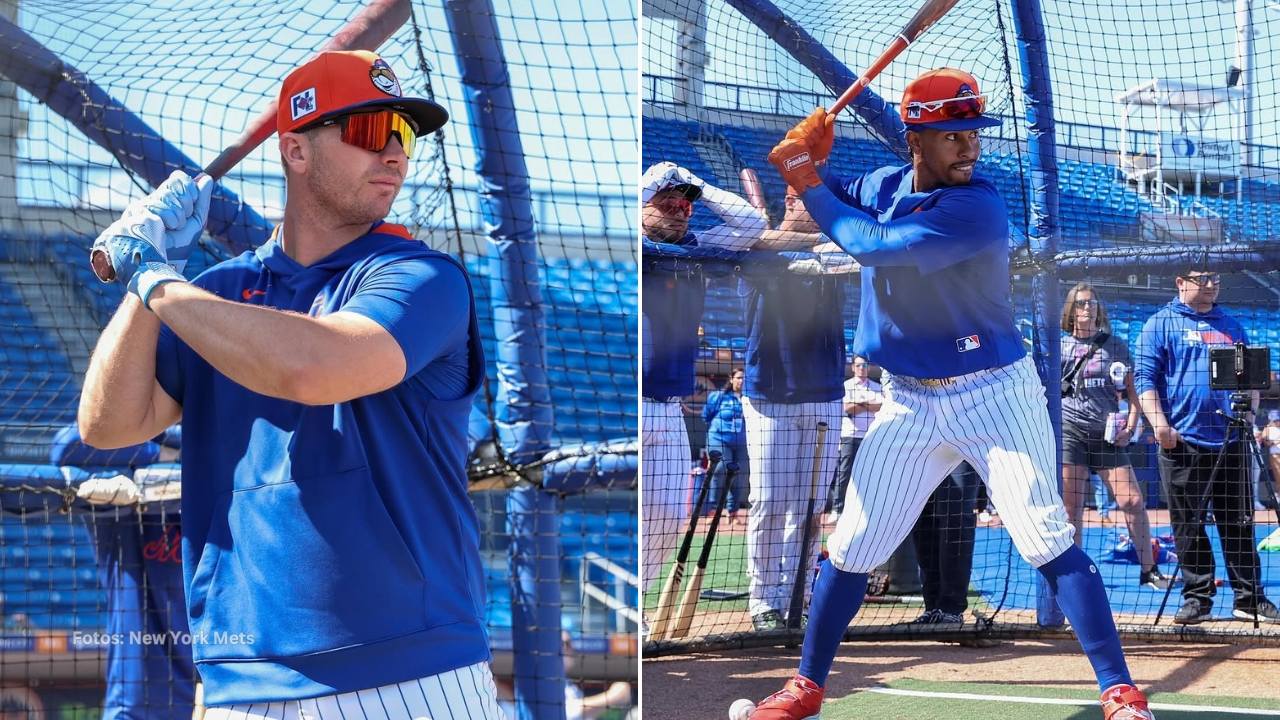 Pete Alonso y Francisco Lindor en una practica de bateo