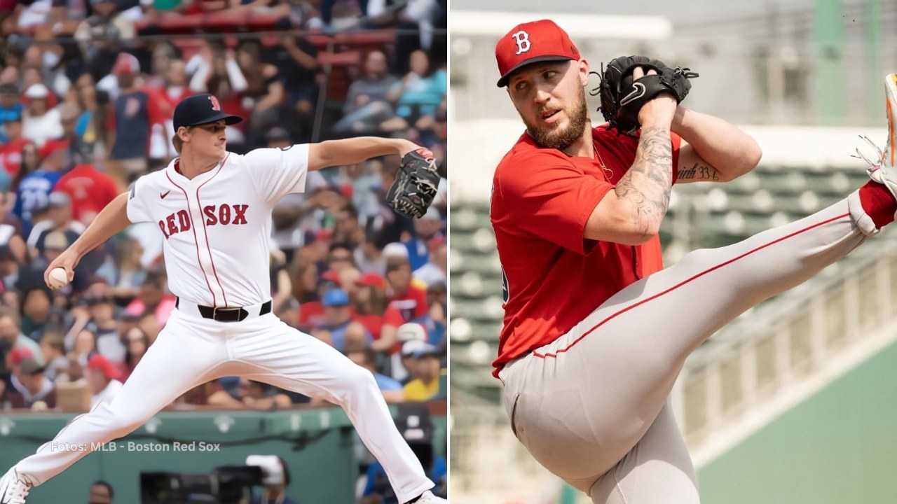 Quinn Priester y Garrett Crochet lanzando con el uniforme de Boston Red Sox