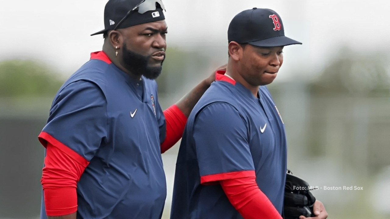 David Ortiz y Rafael Devers en una practica de Boston Red Sox