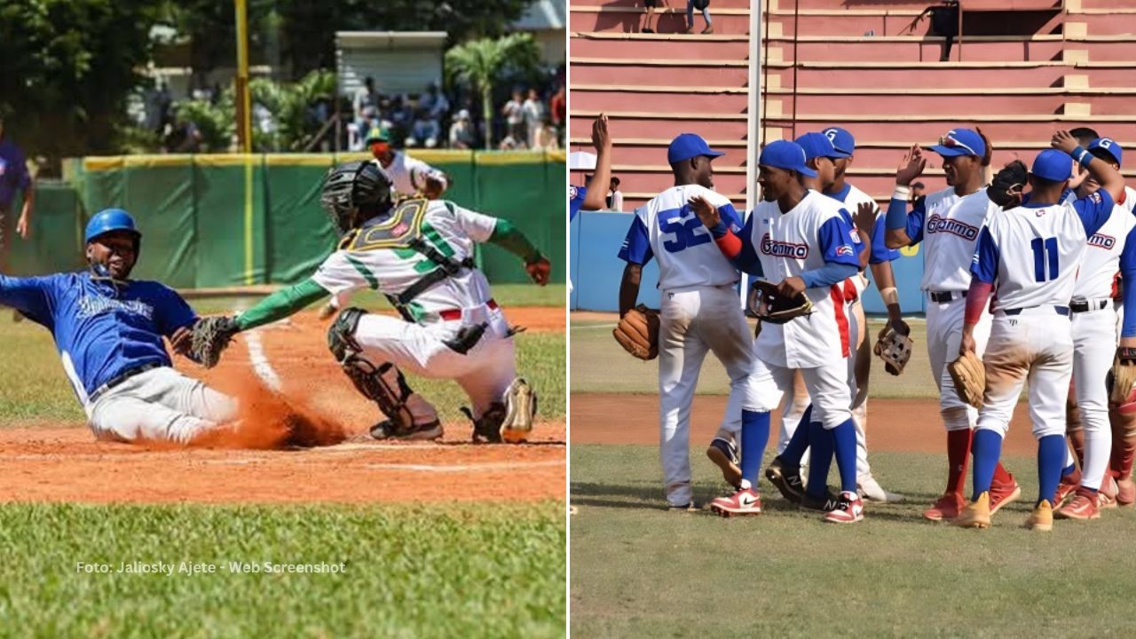 Jugador de Industriales anotando en carrera y peloteros de Granma celebrando el triunfo