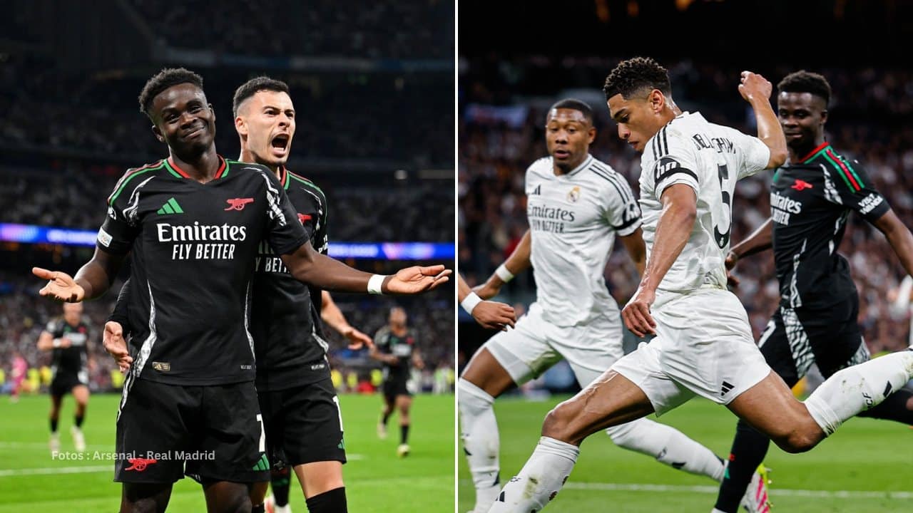 Saka celebrando el gol y Jude Bellingham con Real Madrid
