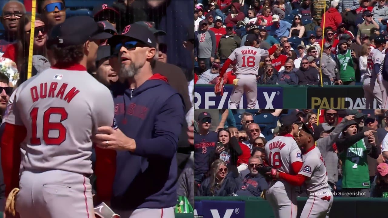 Jarren Durán molesto y discutiendo con un fanático en Cleveland