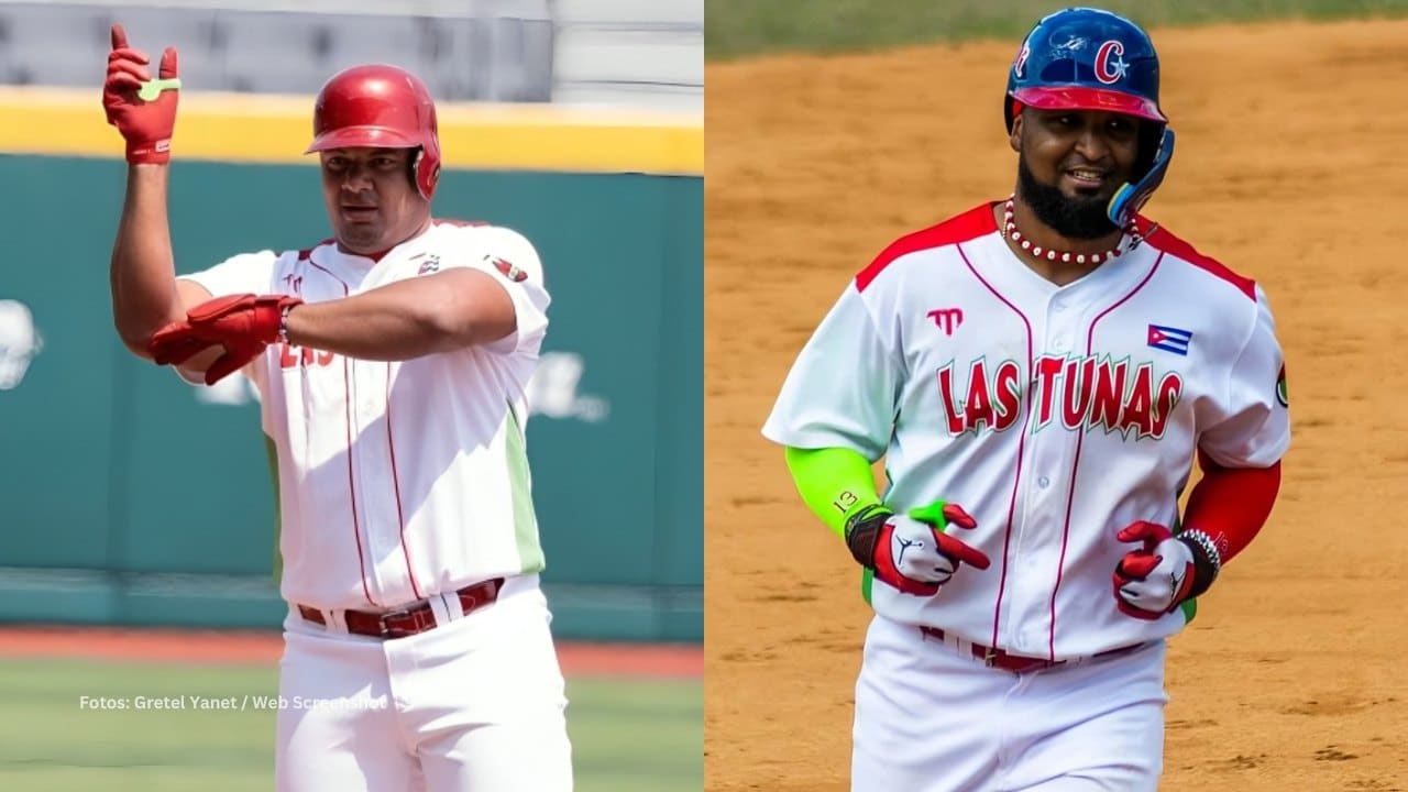 Yosvani Alarcón y Roberto Baldoquín con el conjunto de Las Tunas del beisbol cubano