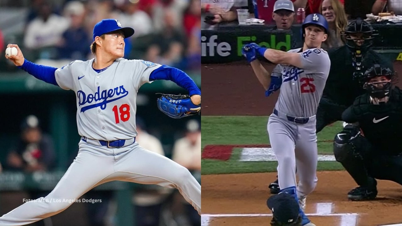 Yoshinobu Yamamoto lanzando y Tommy Edman bateando con Los Angeles Dodgers