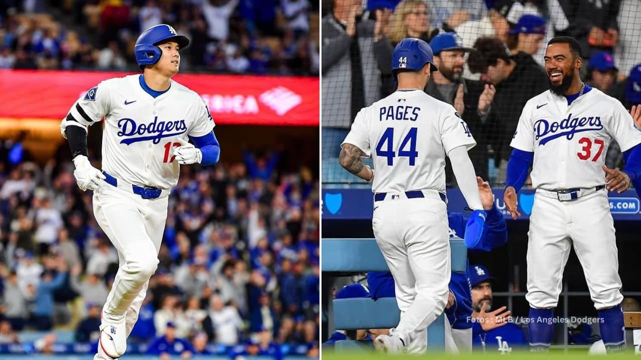 Shohei Ohtani recorriendo las bases y Andy Pages celebrando con Teoscar Hernández