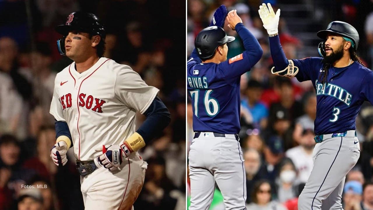 Triston Casas con Boston Red Sox y Jugadores de Seattle Mariners celebrando