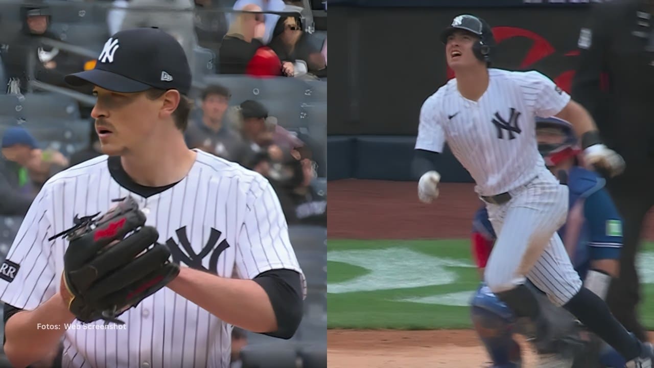 Max Fried lanzando con New York Yankees y Anthony Volpe bateando