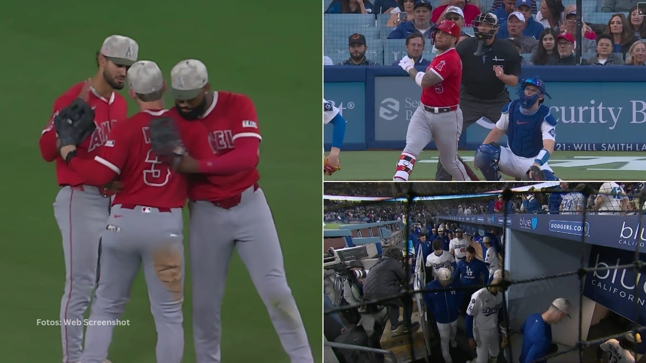 Jugadores de Los Angeles Angels, Yoan Moncada bateando y peloteros de Los Angeles Dodgers retirándose tras derrota