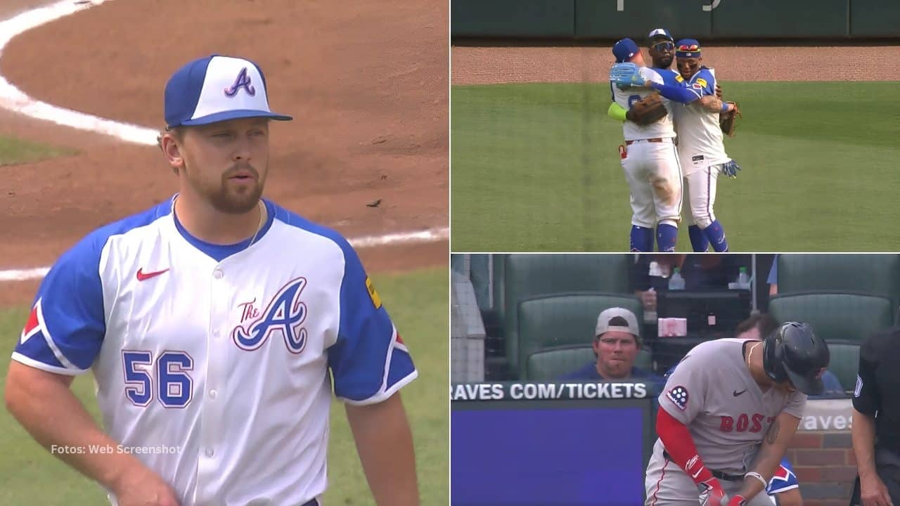Spencer Schwellenbach, Ronald Acuña Jr. celebra con sus compañeros de Atlanta Braves y Rafael Devers ponchado con Boston Red Sox