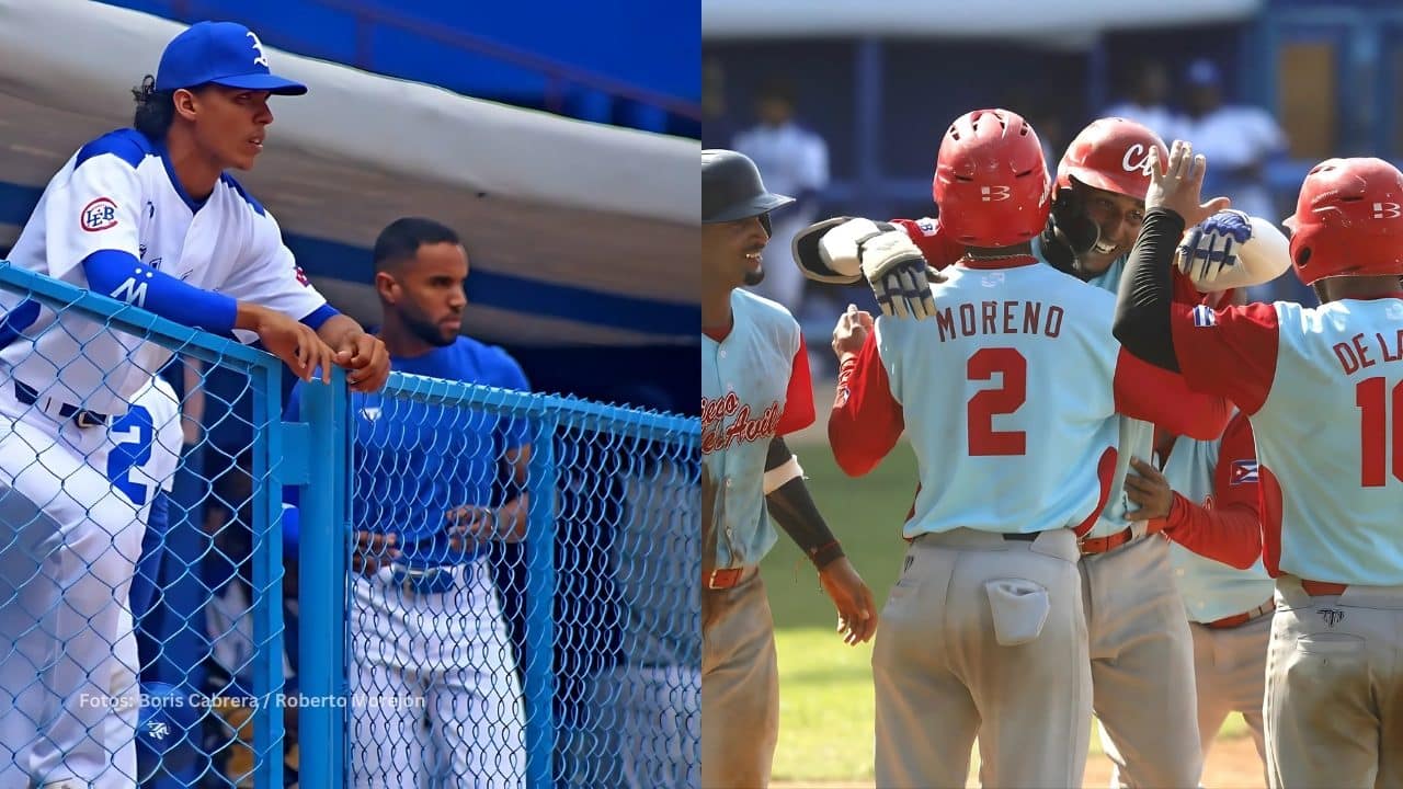 Jugadores de Industriales en el dugout y los de Ciego de Avila celebrando