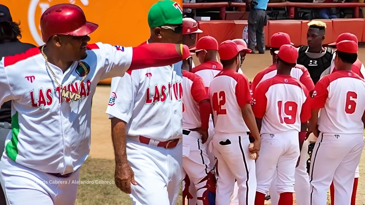 Yosvani Alarcón celebra con Las Tunas y jugadores de Santiago reunidos en la lomita. Beisbol Cubano