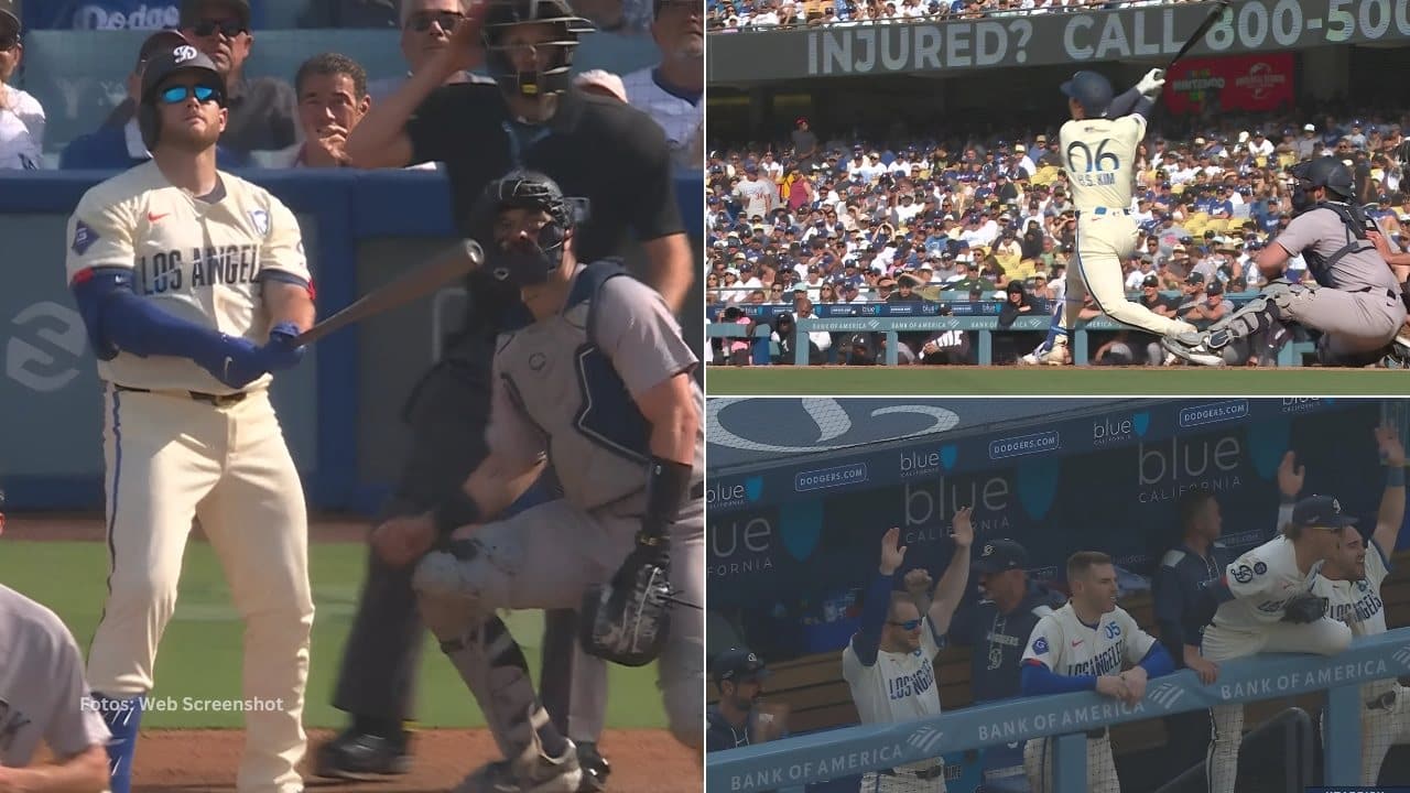 Max Muncy y Hyseong Kim bateando cuadrangular y jugadores de Los Angeles Dodgers celebran