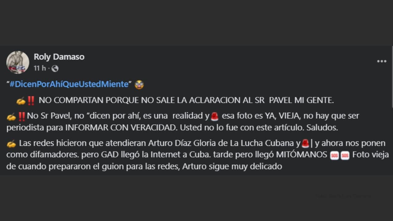 Respuesta de Roly Damaso a través de su cuenta de Facebook al post de Pavel Otero. Deporte Cubano