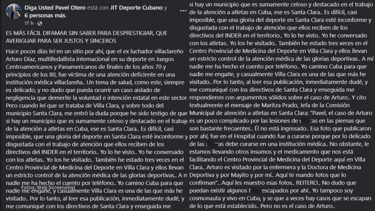 Repuestas en la red social Facebook de Pavel Otero sobre el caso de Arturo Diaz