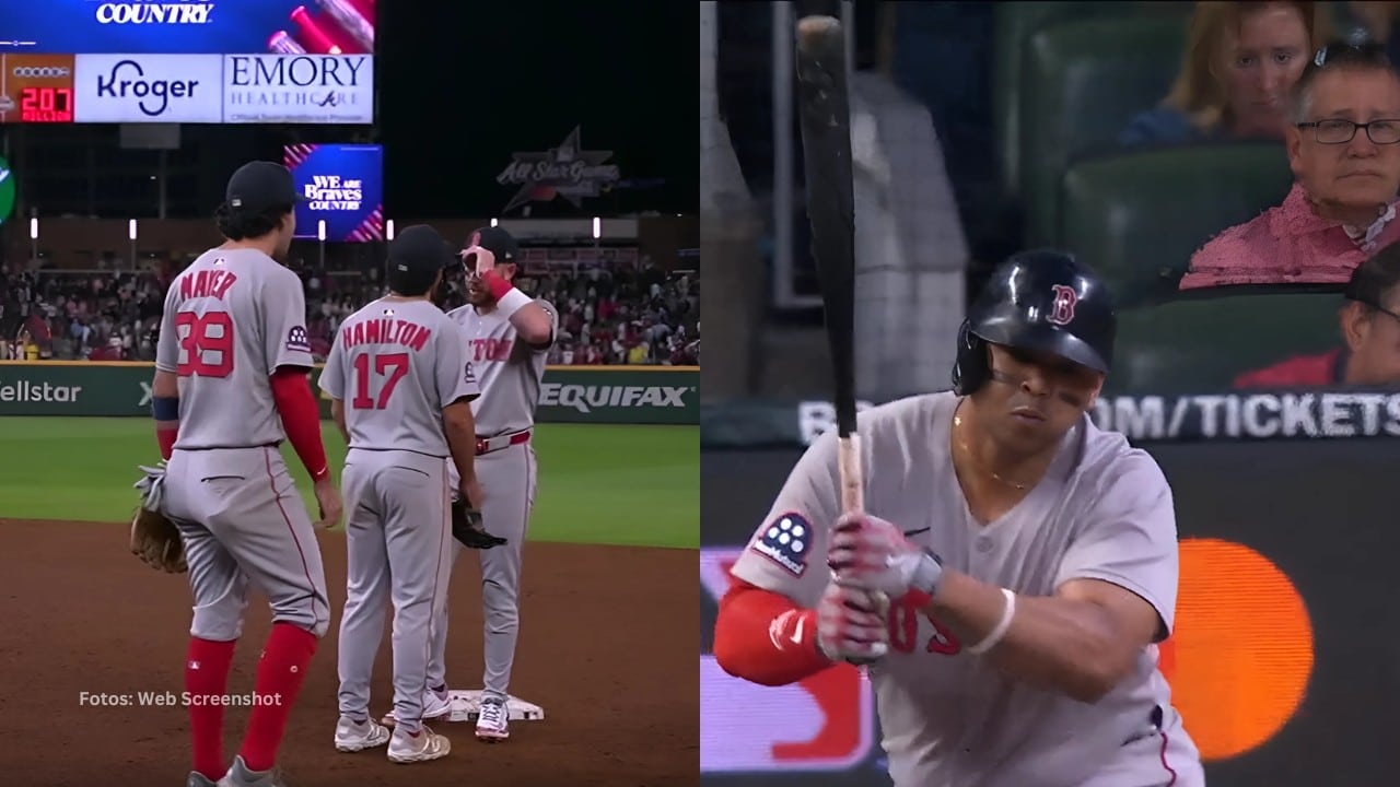 Jugadores de Boston Red Sox celebrando y Rafael Devers bateando