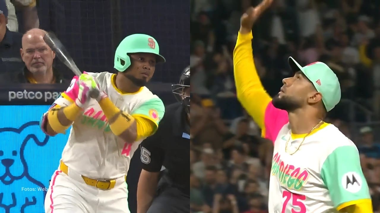 Luis Arráez bateando y Robert Suarez celebra salvado con San Diego Padres