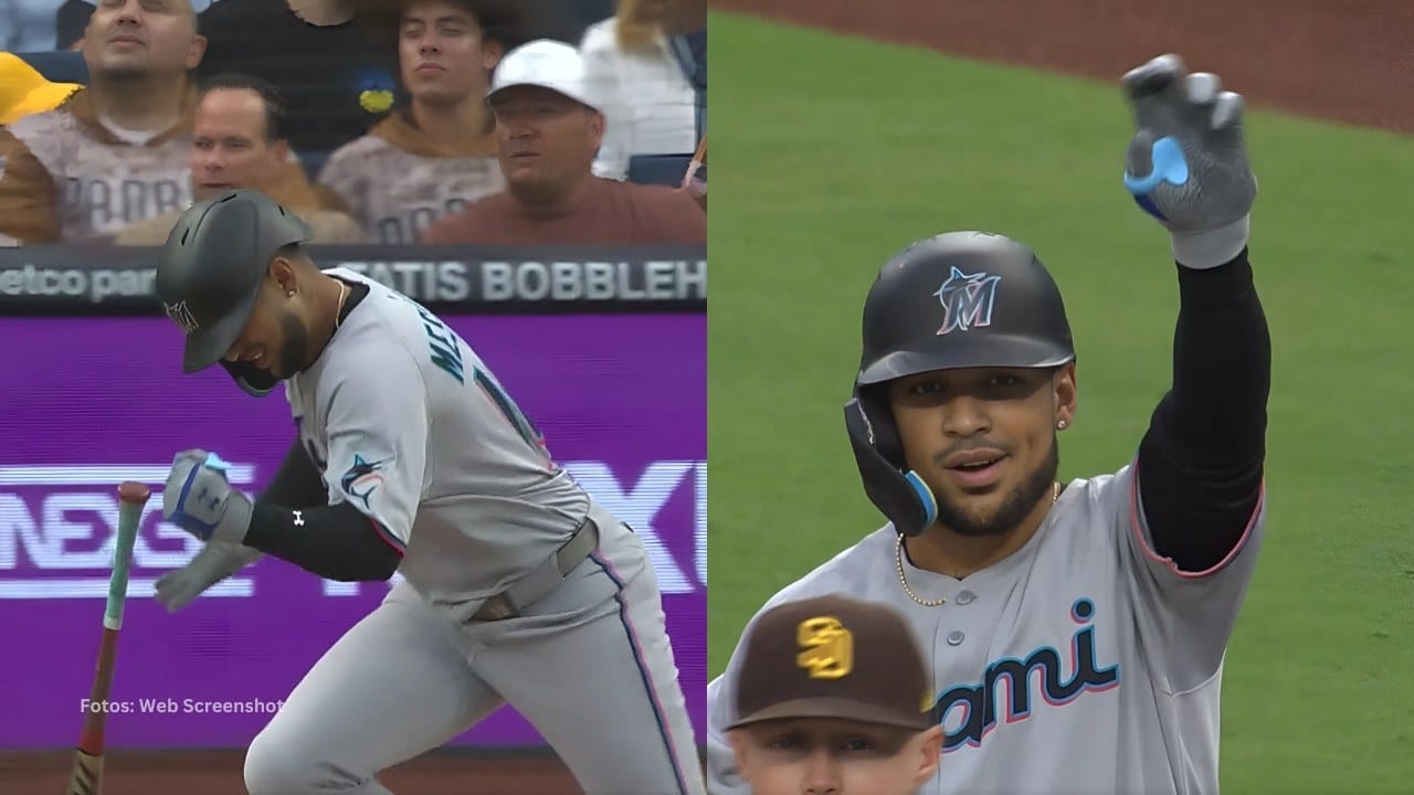 Victor Mesa Jr. recorre las bases y celebra tras dar su primer hit en MLB