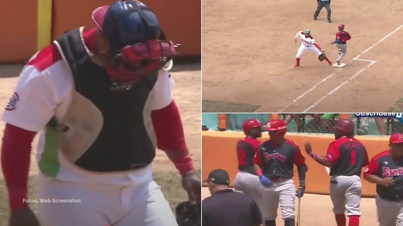 Yosvani Alarcon lamentándose tras un mal lanzamiento y jugadores de Santiago celebra las anotaciones