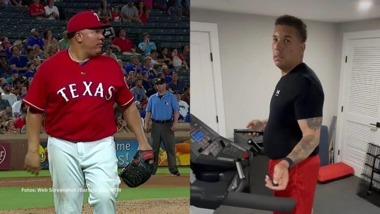 Bartolo Colon en un juego con Texas Ranges y en su cuarto haciendo ejercicio