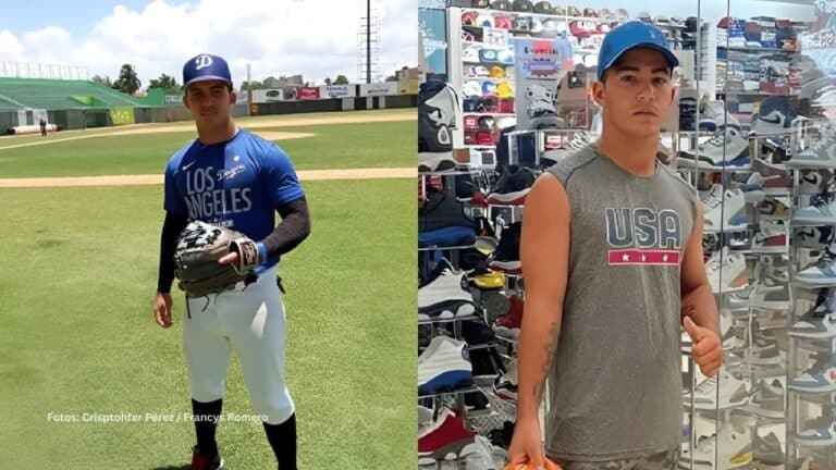 Prospecto del beisbol cubano Crisptohfer Pérez en una practica y una tienda