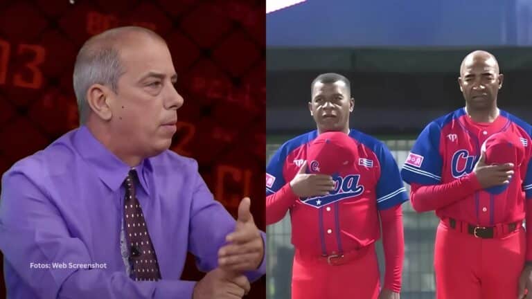 Periodista Renier González en un programa y el parte del cuerpo técnico del Equipo Cuba en el Premier 12